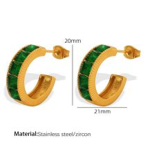 Fashion Green Zirconium Stainless Steel Diamond C-shaped Earrings