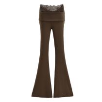 Fashion Brown Coffee Color Lace Paneled High Waisted Flared Trousers
