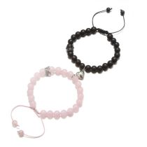 Fashion Rose Quartz Black Matte Geometric Natural Stone Beaded Magnetic Love Bracelet Set