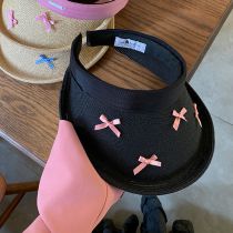 Fashion Black [pink Bow] Straw Wide Brim Hollow Top Sun Hat