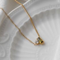 Fashion Emerald Titanium Steel Diamond Square Necklace