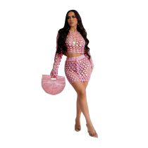 Fashion Pink Knitted Hollow Sequined Top And Skirt Suit
