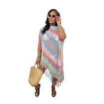 Fashion Pink And Blue Stripes Colorful Striped Knitted Fringed Long Skirt