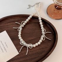 Fashion Silver Imitation Pearl Beaded Bow Necklace