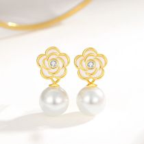 Fashion Gold Silver Camellia Pearl Earrings