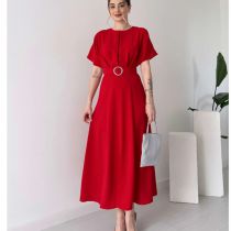 Fashion Red (with Belt) Polyester Pleated Drawstring Maxi Skirt