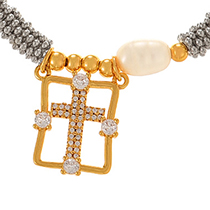 Fashion Golden 7 Copper Square Cross Bead Pendant Pearl Bracelet