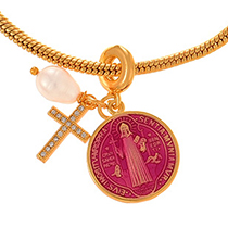 Fashion Rose Red Copper Inlaid Zircon Cross Pearl Round Double-sided Oil Dripping Portrait Pendant Bracelet