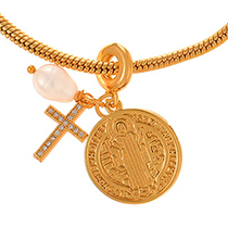 Fashion Gold Copper Inlaid Zircon Cross Pearl Round Double-sided Oil Dripping Portrait Pendant Bracelet