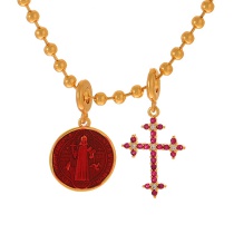 Fashion Red Copper Inlaid Zircon Round Double-sided Portrait Cross Pendant Bead Necklace (3mm)