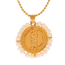 Fashion Gold Copper Round Reversible Portrait Beaded Pendant Pearl Necklace