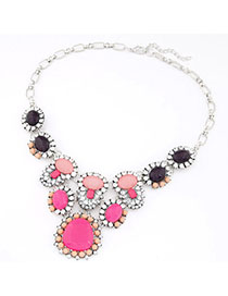 Foldable Plum Red Oval Shape Gemstone Decorated Simple Design Alloy Bib Necklaces