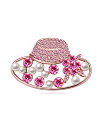Concealed Light Plum Red & Rose Gold Diamond Decorated Hat Shape Design Alloy Crystal Brooches