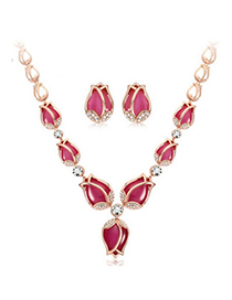 Boutique Plum Red Diamond Decorated Flower Design Alloy Jewelry Sets