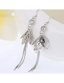 Vivid Silver Color Leaf Shape Decorated Tassel Design Cuprum Fashion Earrings
