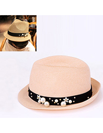 Korean Skin Color Pearl Decorated Flower Design Paper String Sun Hats