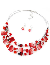 Bohemia Red Gemstone Decorated Square Shape Multilayer Design  Alloy Jewelry Sets