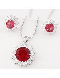Temperament Dark Claret-red Diamond Decorated Sunflower Shape Design  Alloy Jewelry Sets