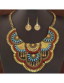 Exaggerate Antique Gold Diamond Decorated Fan Shape Design Alloy Jewelry Sets
