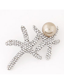Elegant Silver Color Diamond&pearl Decorated Double Starfish Shape Design  Alloy Korean Brooches