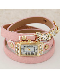 Elegant Pink Diamond&leaft Decorated Multilayer Design Alloy Ladies Watches