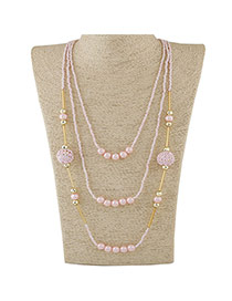 Fashion Pink Beads Decorated Multilayer Design Alloy Beaded Necklaces