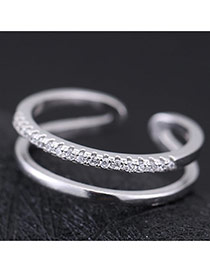 Sweet Silver Color Diamond Decorated Double-deck Opening Design Zircon Korean Rings