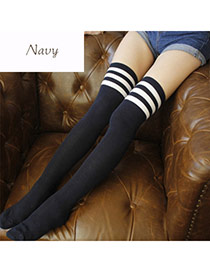 Classic Navy Blue+white Stripe Pattern Decorated Knee-high Design