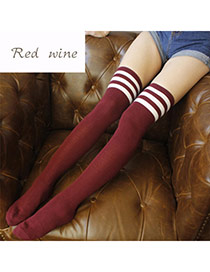 Classic Claret-red+white Stripe Pattern Decorated Knee-high Design