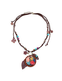 Exaggerate Coffee Leaf Shape&round Pendant Decorated Beads Weaving Chain Design Alloy Bib Necklaces