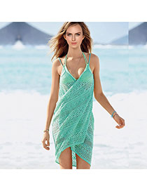 Sexy Green Flower Pattern Hollow Out V-neck Design Bikini Cover Up Smock