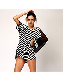 Sexy Black+white Dissymmetry Sleeve Stripe Pattern Decorated Loose Short Design Bikini Cover Up Smock