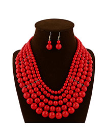 Luxury Red Pure Color Beads Weaving Decorated Multilayer Design  Rosin Jewelry Sets