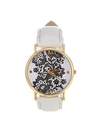 Exquisite White Flower Pattern Decorated Pure Color Design  Pu Ladies Watches