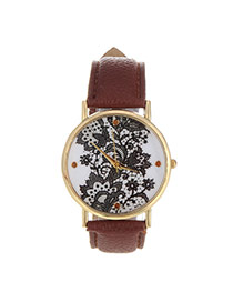Exquisite Coffee Flower Pattern Decorated Pure Color Design  Pu Ladies Watches