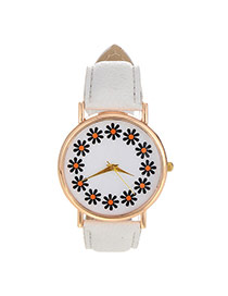 Elegant White Flowers Pattern Decorated Pure Color Design  Pu Ladies Watches