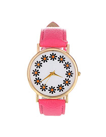 Elegant Plum Red Flowers Pattern Decorated Pure Color Design  Pu Ladies Watches