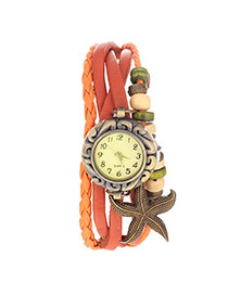 vintage Orange Starfish Shape Decorated Multilayer Design Pu Ladies Watches