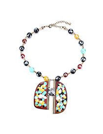 Personality Multicolor Beads Decorated Geometry Pendant Design Alloy Bib Necklaces
