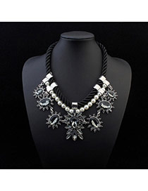 Exquisite Gray Gemstone Decorated Flower Simple Design Alloy Bib Necklaces