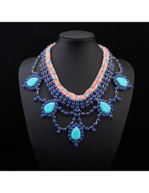 Trendy Blue Water Drop Shape Decorated Weave Design Alloy Bib Necklaces
