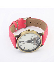 Exquisite Watermelon Red Eiffel Tower Pattern Decorated Simple Design Pu Ladies Watches