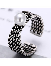 Vintage Anti-silver Pearl Decorated Multilayer Chain Shape Opening Ring