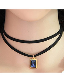Temperament Dark Blue Square Gemstone Pendant Decorated Double Layer Necklace