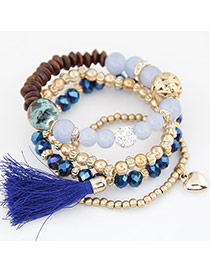 Trendy Sapphire Blue Hear Shape&tassel Pendant Decorated Multi-layer Simple Bracelet