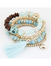 Trendy Light Blue Hear Shape&tassel Pendant Decorated Multi-layer Simple Bracelet