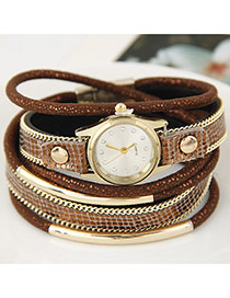 Fashion Brown+gold Color Chain& Tube Shape Decorated Multilayer Design Watch