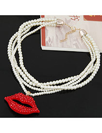 Fashion White+red Lip Shape Pendant Decorated Multilayer Design Short Chain Necklace