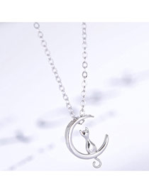 Trendy Silver Color Cat& Crescent Moon Shape Pendant Decorated Simple Design Necklace