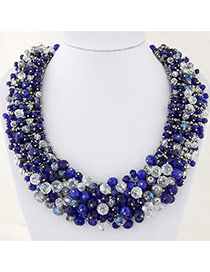 Elegant Sapphire Blue+tranparent Color Bead Decorated Hand-woven Short Chain Necklace